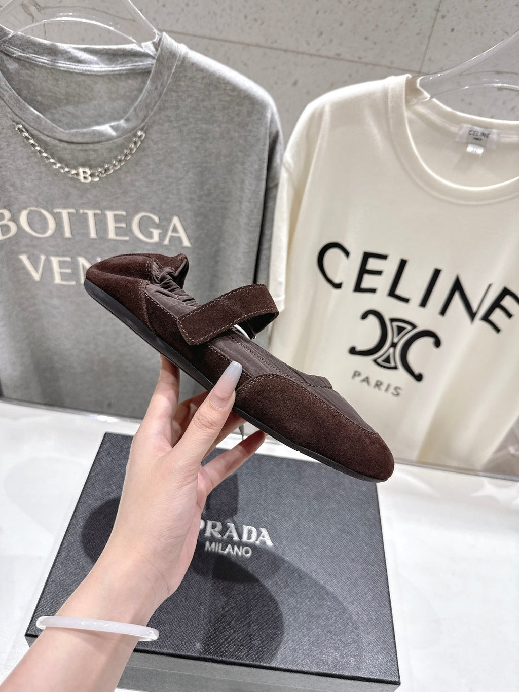 PRADA 25S COLLAPSE RE NYLON AND SUEDE BALLERINAS IN COFFEE