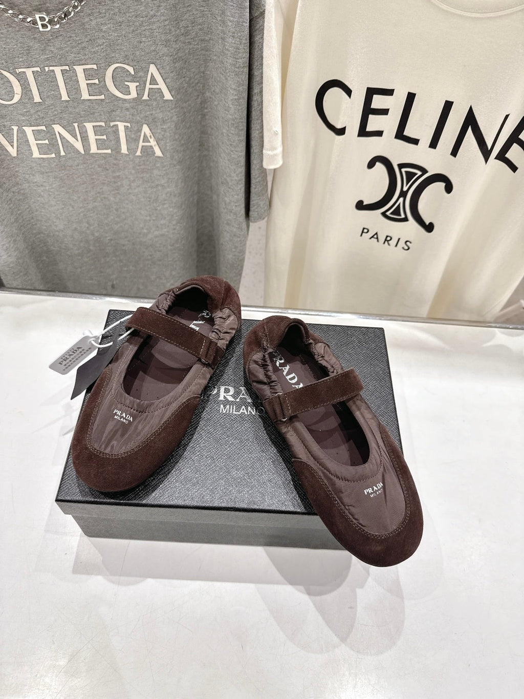 PRADA 25S COLLAPSE RE NYLON AND SUEDE BALLERINAS IN COFFEE