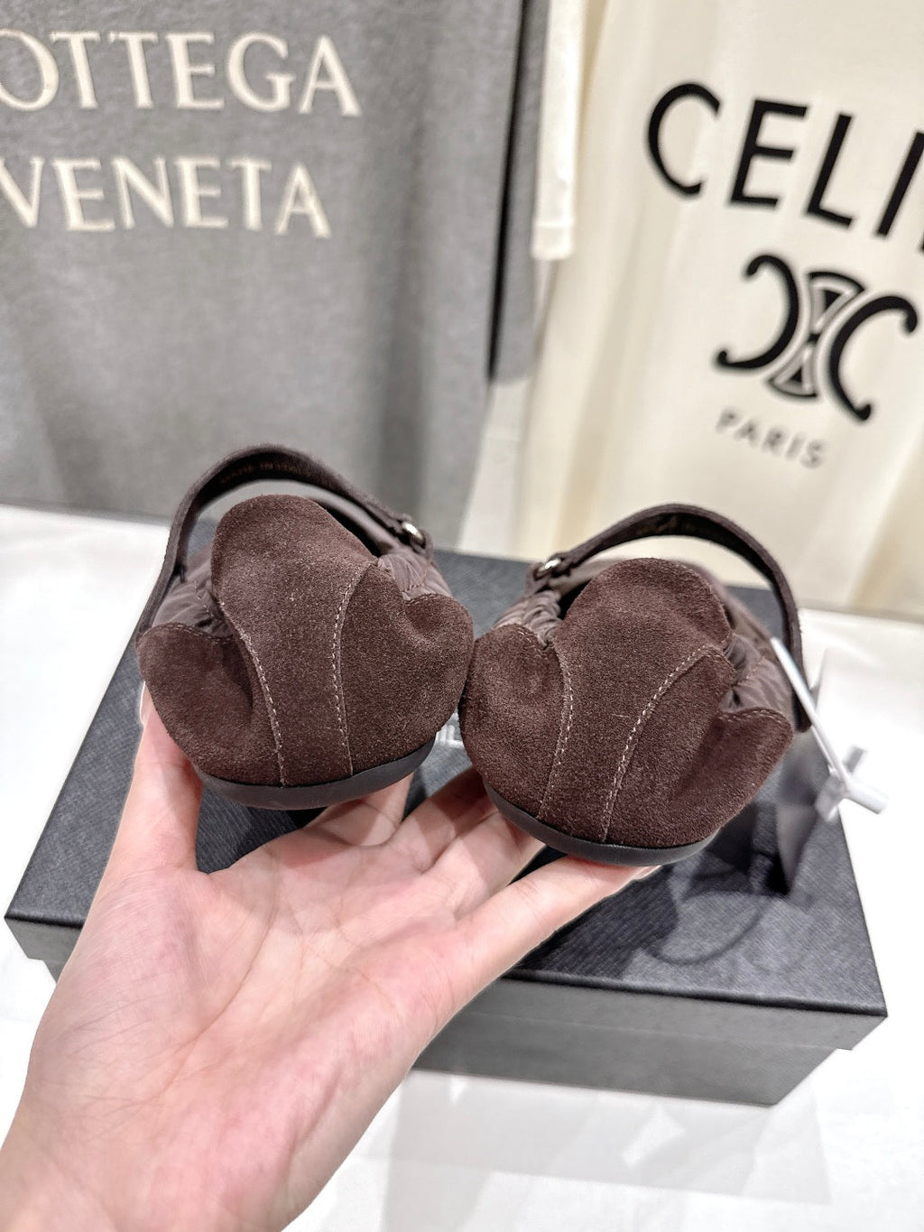 PRADA 25S COLLAPSE RE NYLON AND SUEDE BALLERINAS IN COFFEE