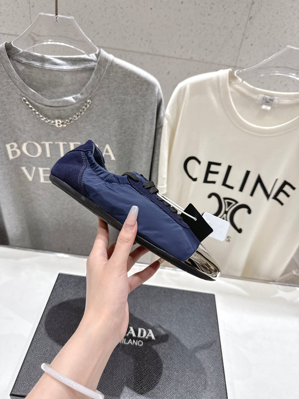 PRADA 25S COLLAPSE RE NYLON AND SUEDE SNEAKERS IN DARK BLUE WITH METAL TOECAP