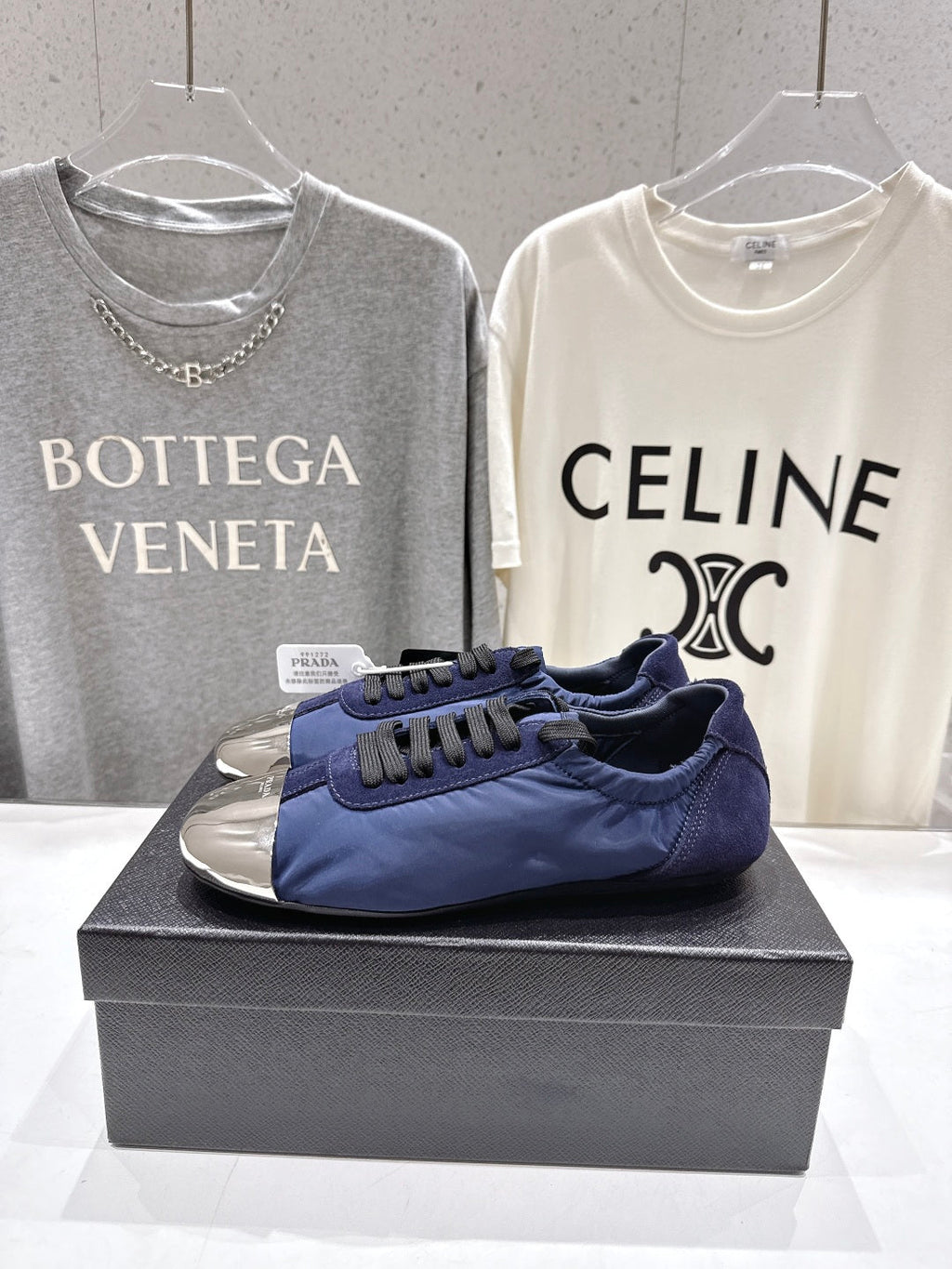 PRADA 25S COLLAPSE RE NYLON AND SUEDE SNEAKERS IN DARK BLUE WITH METAL TOECAP