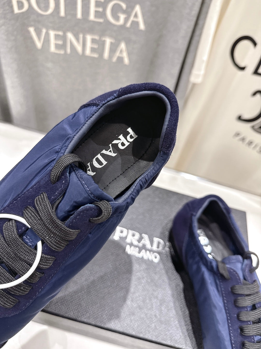 PRADA 25S COLLAPSE RE NYLON AND SUEDE SNEAKERS IN DARK BLUE WITH METAL TOECAP