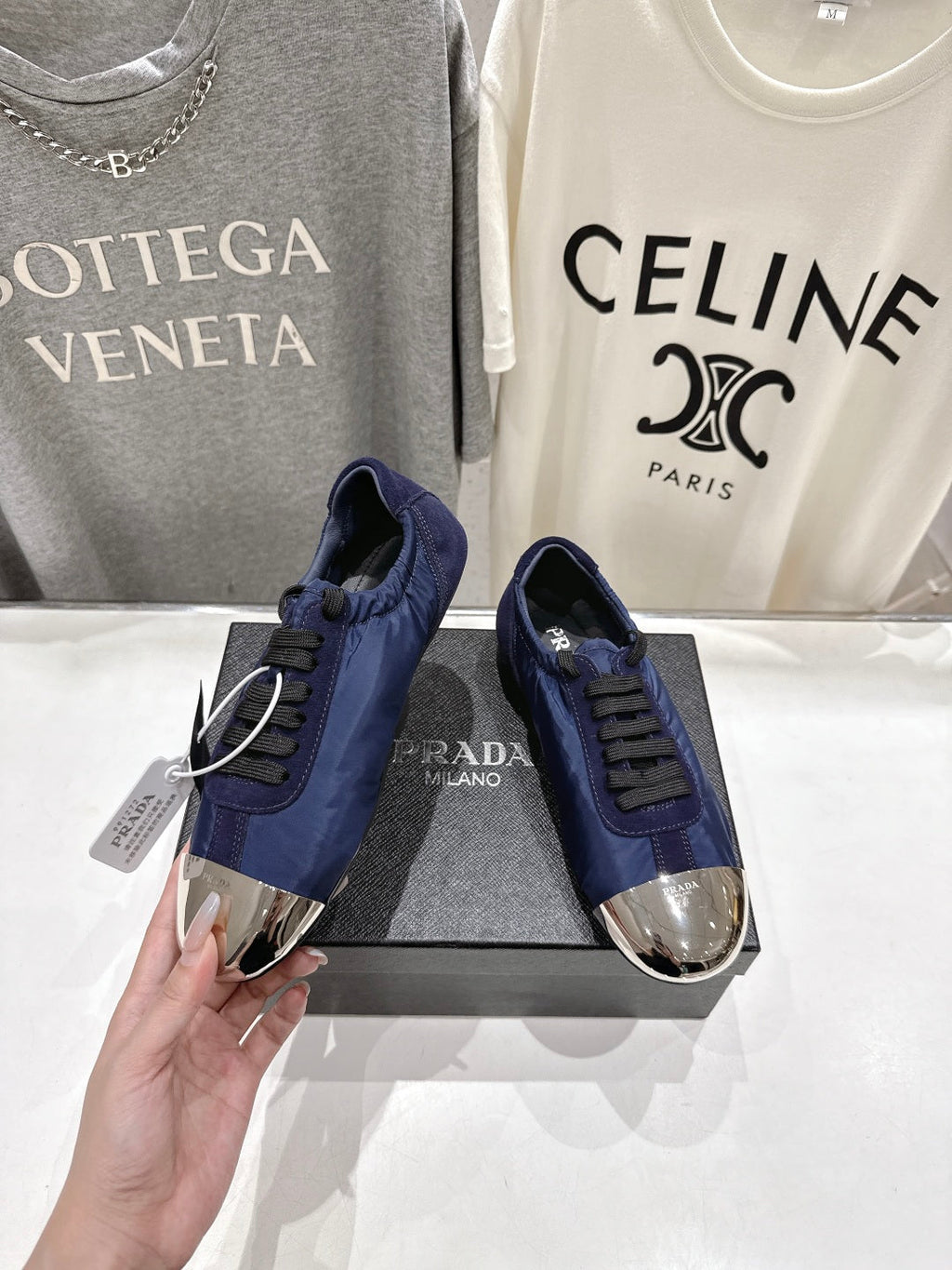 PRADA 25S COLLAPSE RE NYLON AND SUEDE SNEAKERS IN DARK BLUE WITH METAL TOECAP