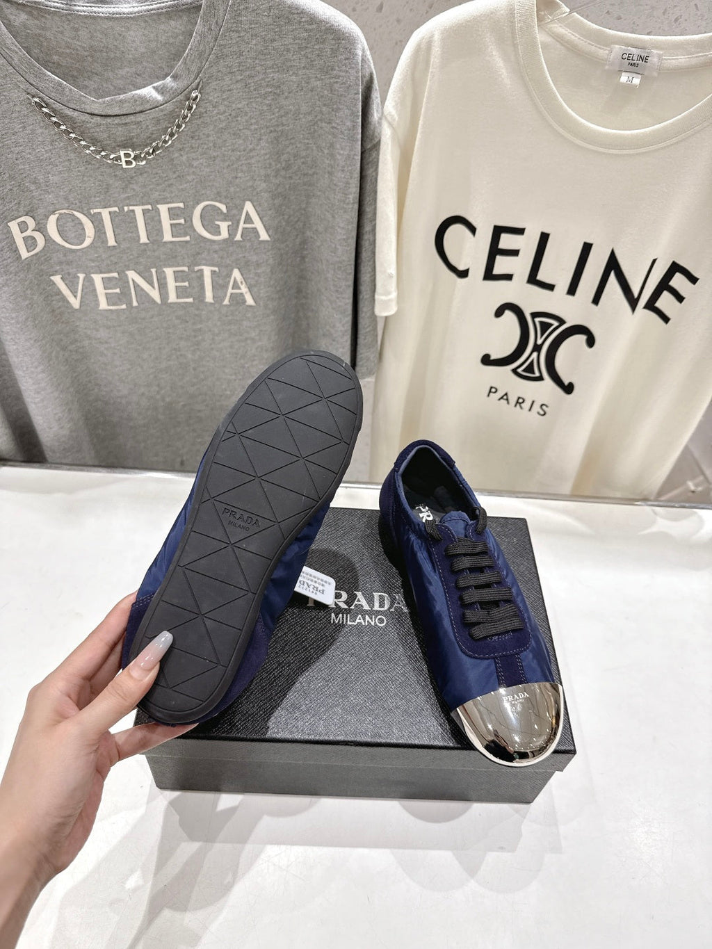 PRADA 25S COLLAPSE RE NYLON AND SUEDE SNEAKERS IN DARK BLUE WITH METAL TOECAP