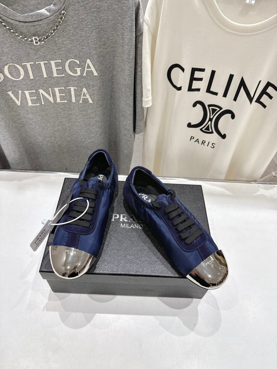 PRADA 25S COLLAPSE RE NYLON AND SUEDE SNEAKERS IN DARK BLUE WITH METAL TOECAP