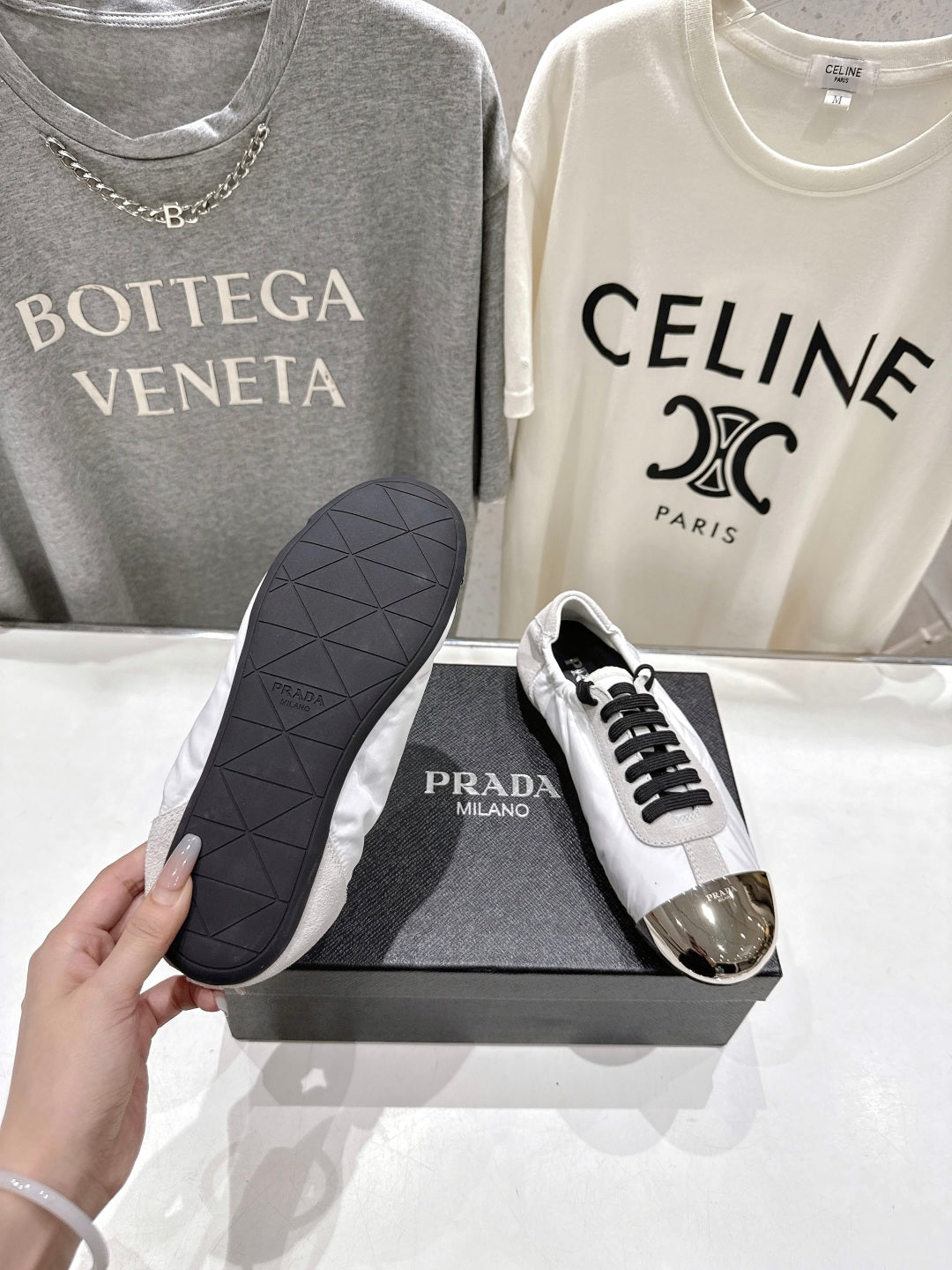 PRADA 25S COLLAPSE RE NYLON AND SUEDE SNEAKERS IN WHITE WITH METAL TOECAP