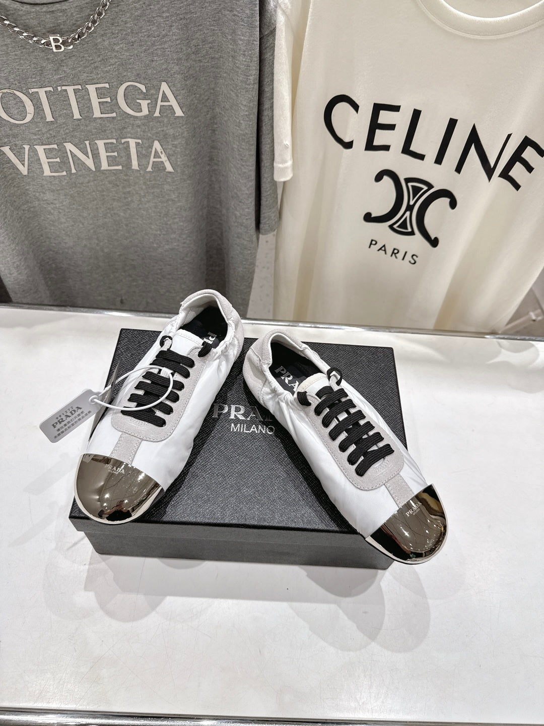 PRADA 25S COLLAPSE RE NYLON AND SUEDE SNEAKERS IN WHITE WITH METAL TOECAP