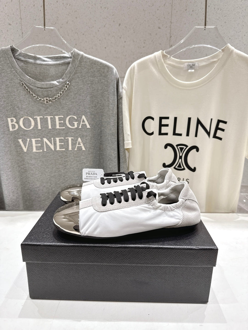 PRADA 25S COLLAPSE RE NYLON AND SUEDE SNEAKERS IN WHITE WITH METAL TOECAP