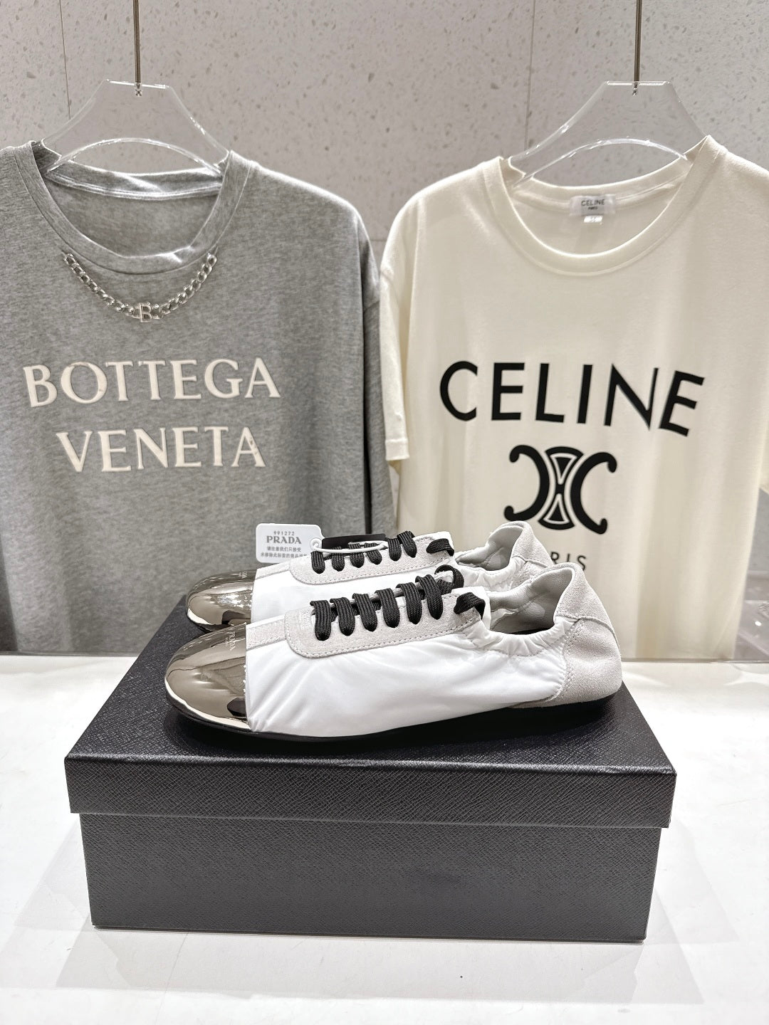 PRADA 25S COLLAPSE RE NYLON AND SUEDE SNEAKERS IN WHITE WITH METAL TOECAP