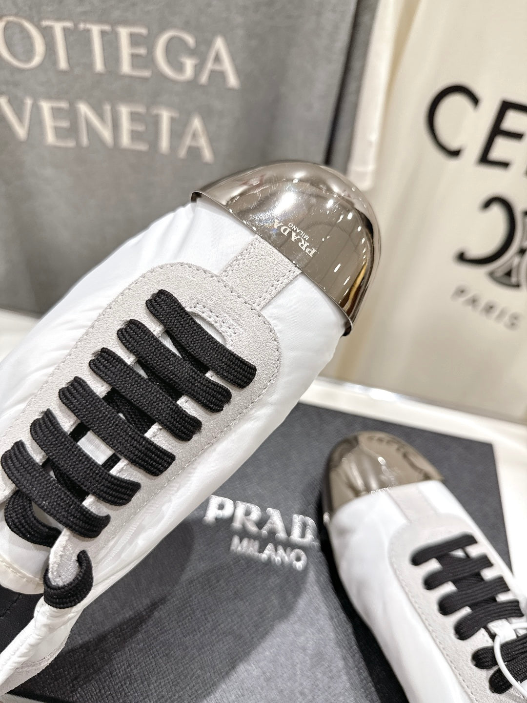 PRADA 25S COLLAPSE RE NYLON AND SUEDE SNEAKERS IN WHITE WITH METAL TOECAP