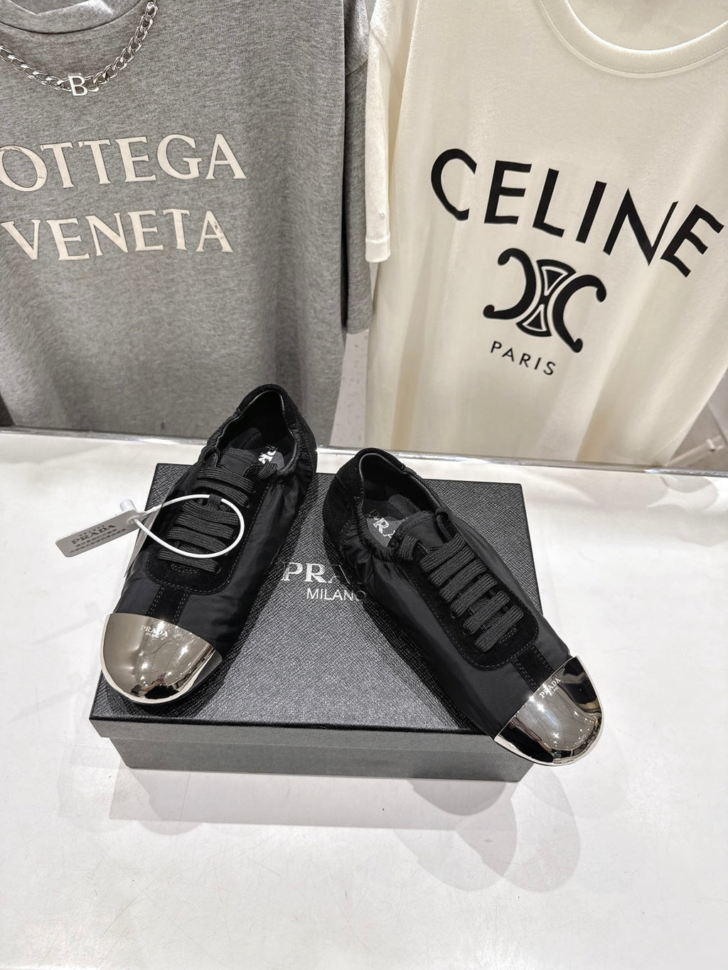 PRADA 25S COLLAPSE RE NYLON AND SUEDE SNEAKERS IN BLACK WITH METAL TOECAP