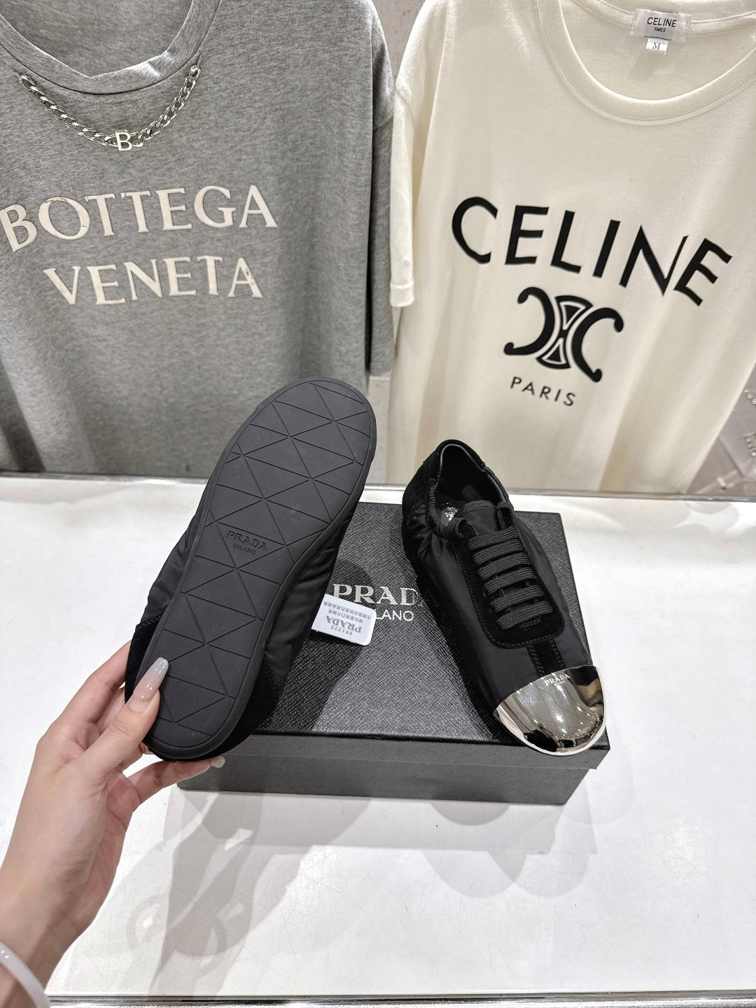 PRADA 25S COLLAPSE RE NYLON AND SUEDE SNEAKERS IN BLACK WITH METAL TOECAP