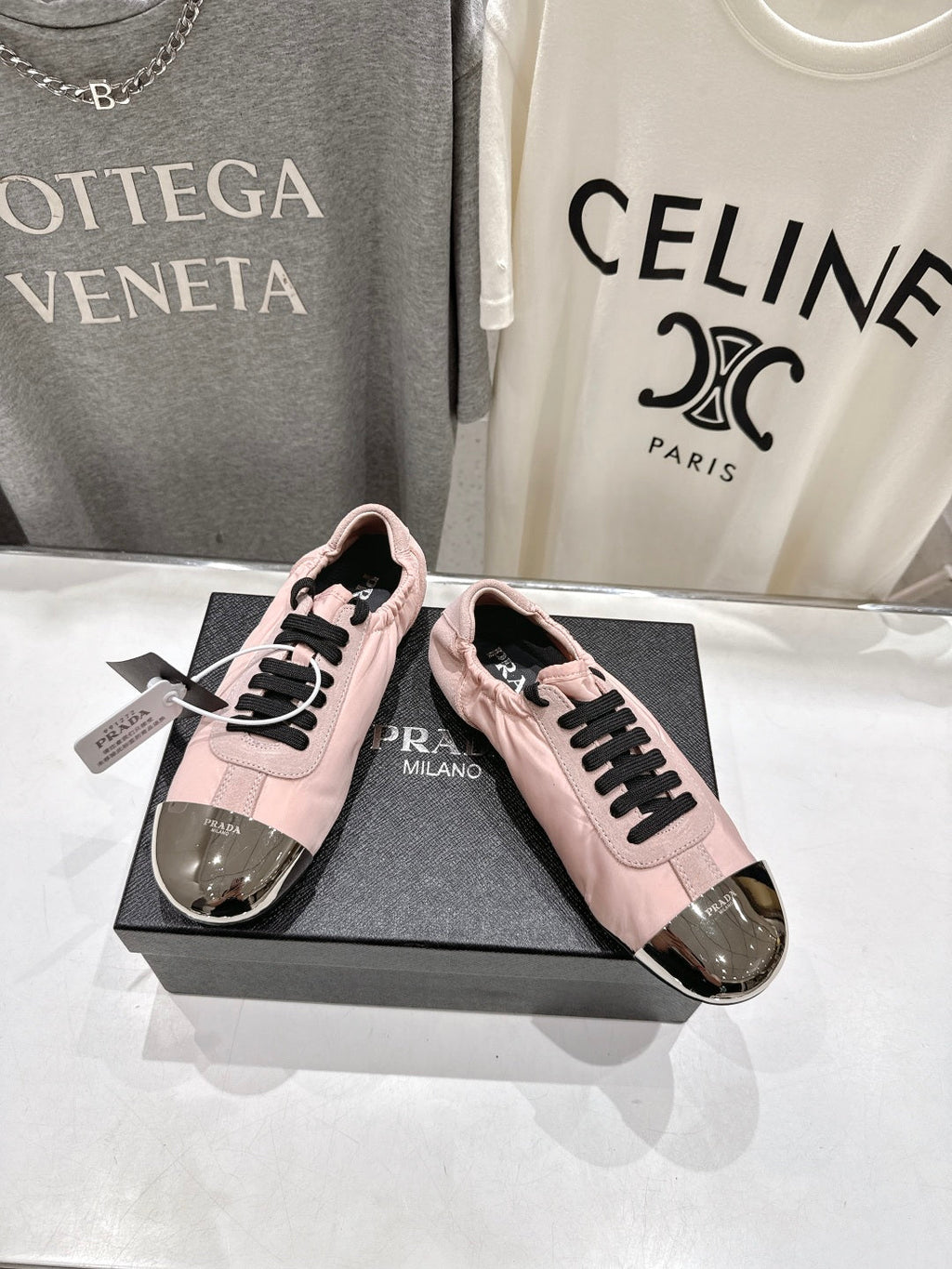 PRADA 25S COLLAPSE RE NYLON AND SUEDE SNEAKERS IN LIGHT PINK WITH METAL TOECAP