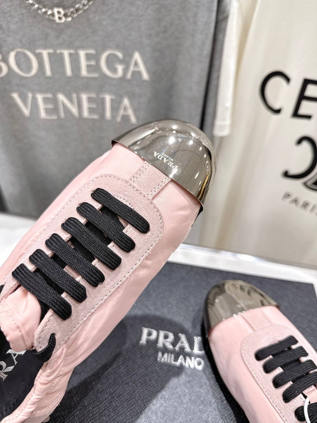 PRADA 25S COLLAPSE RE NYLON AND SUEDE SNEAKERS IN LIGHT PINK WITH METAL TOECAP