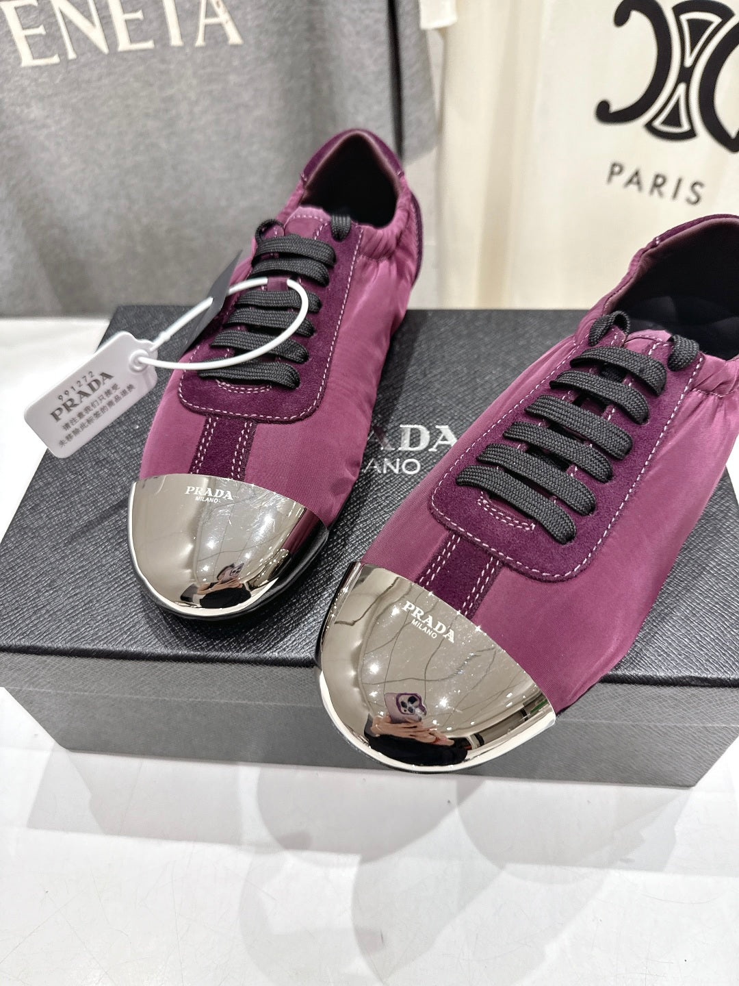 PRADA 25S COLLAPSE RE NYLON AND SUEDE SNEAKERS IN PLUM WITH METAL TOECAP