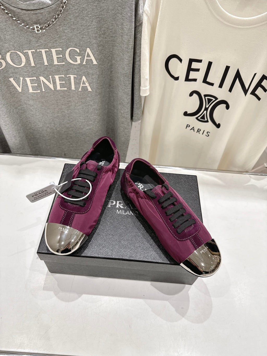 PRADA 25S COLLAPSE RE NYLON AND SUEDE SNEAKERS IN PLUM WITH METAL TOECAP