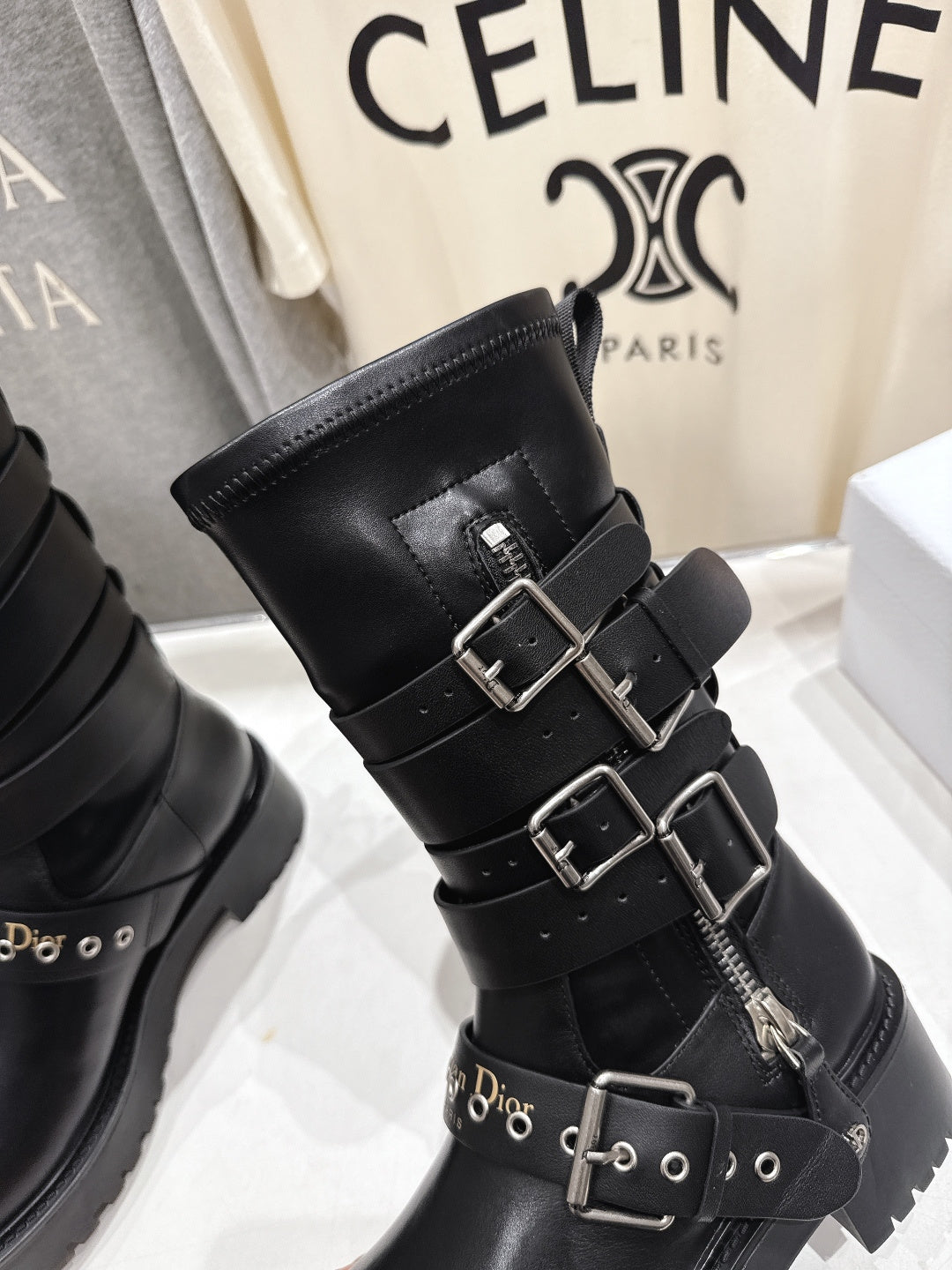 DIOR 25S BIKER BOOTS IN BLACK CALFSKIN WITH SILVER HARDWARE