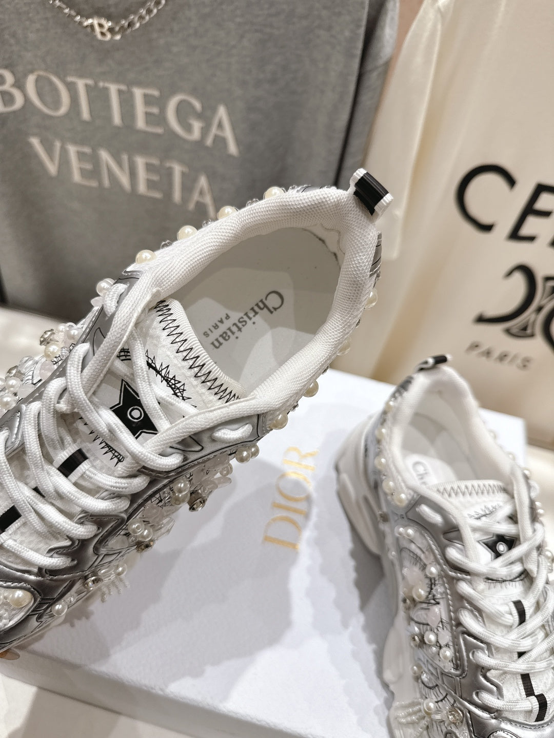 DIOR 25S SNEAKER IN SILVER LAMBSKIN AND MESH FABRIC WITH PEARL DETAILING
