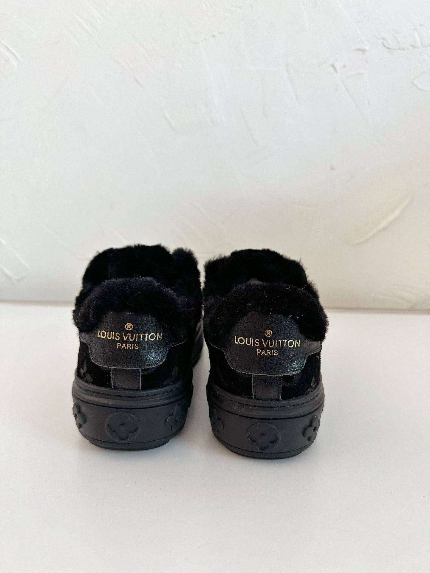 TIME OUT SNEAKER IN BLACK MONOGRAM EMBOSSED SUEDE WITH FLEECE LINING