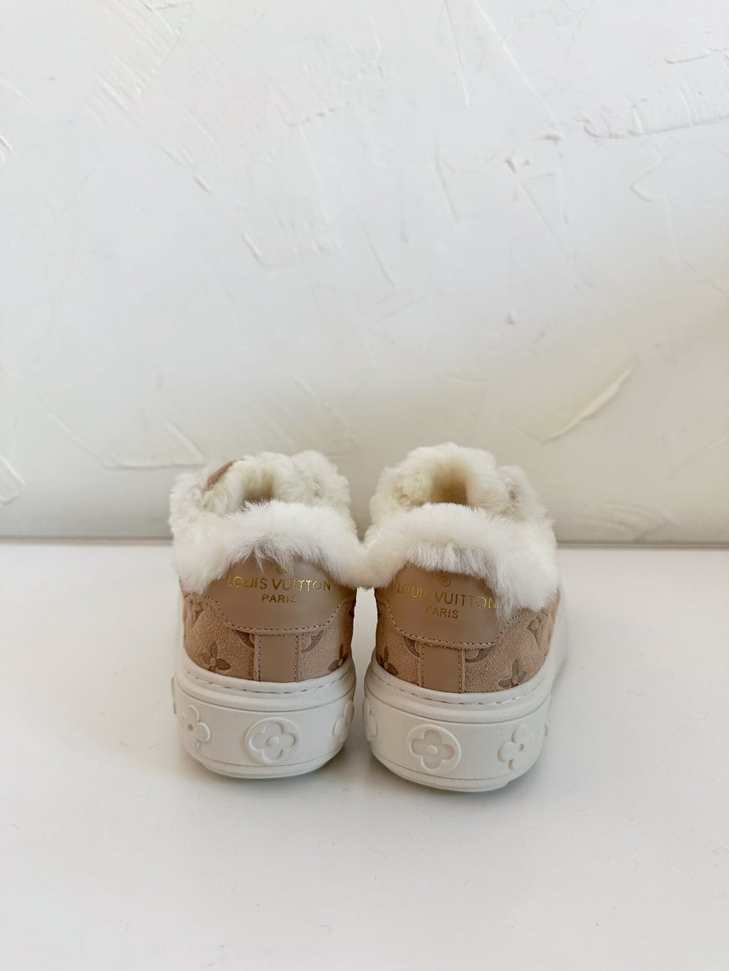 TIME OUT SNEAKER IN DESERT BROWN MONOGRAM EMBOSSED SUEDE WITH FLEECE LINING