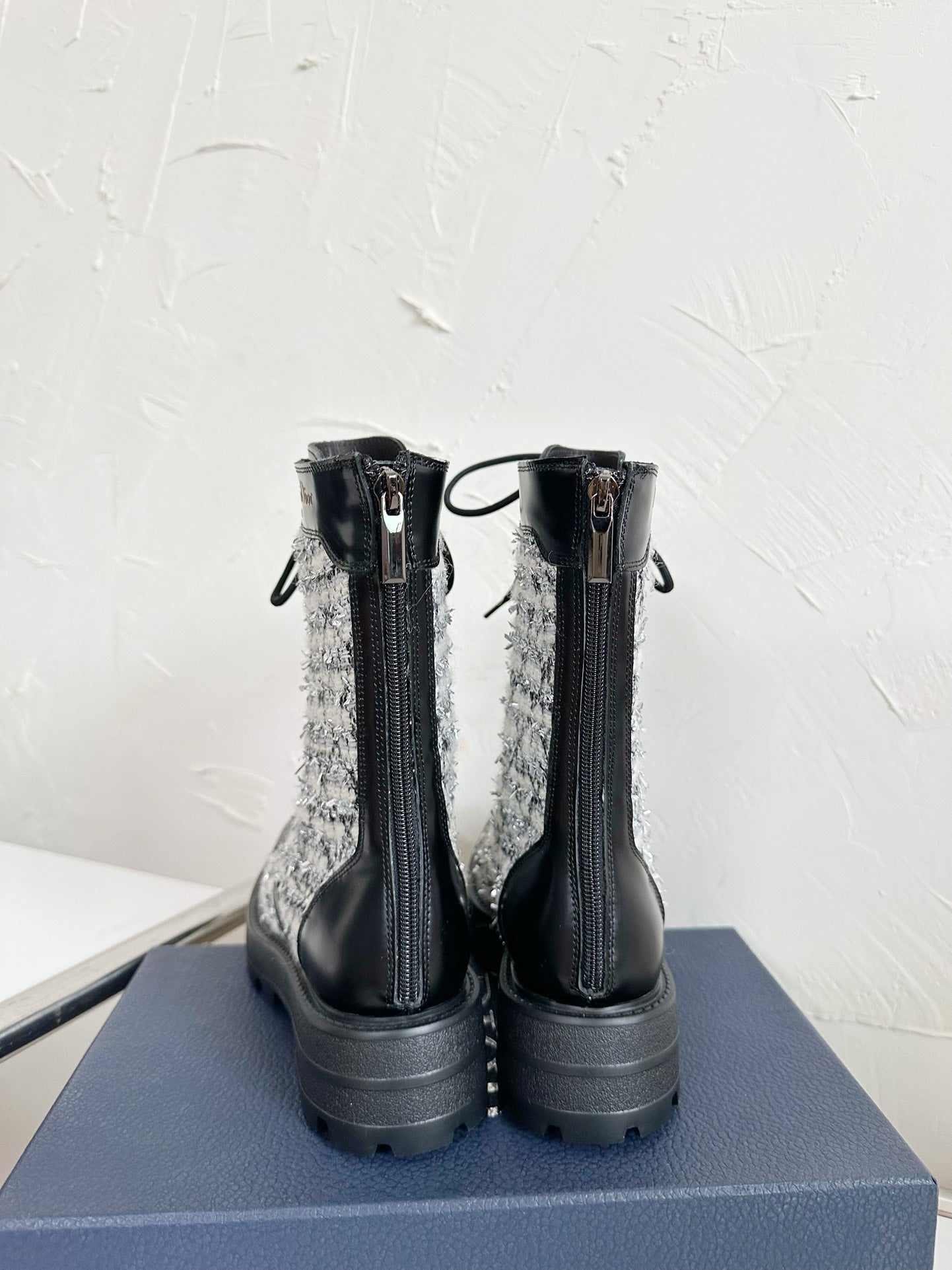 D-UNIT ANKLE BOOT BLACK CALFSKIN WITH WHITE AND BLACK CANNAGE TWEED