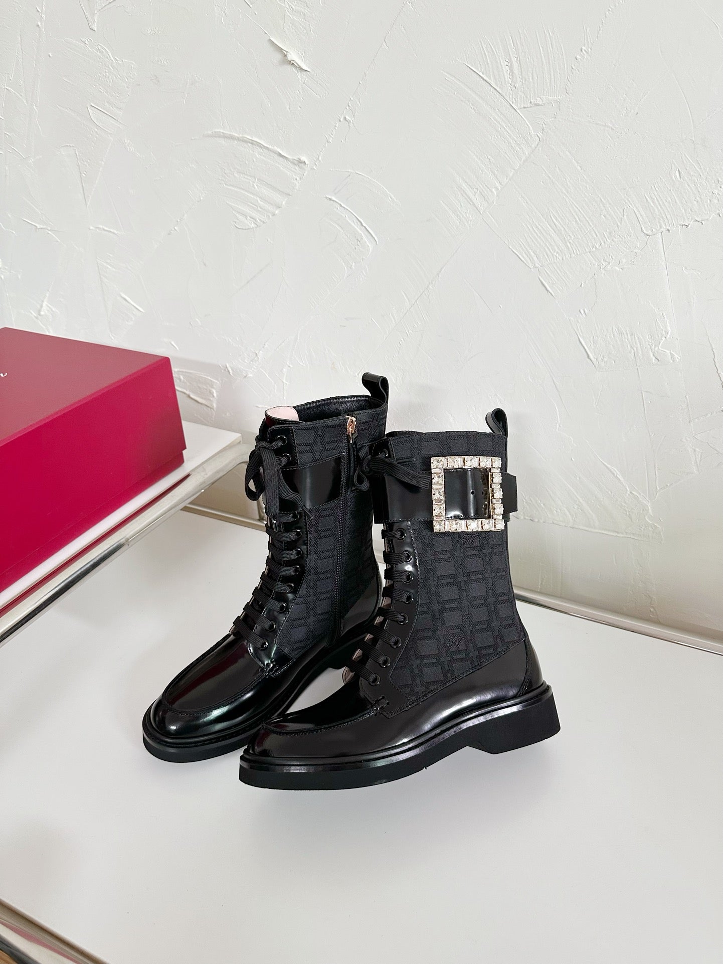 VIV' RANGERS STRASS BUCKLE BOOTS IN BLACK FABRICS