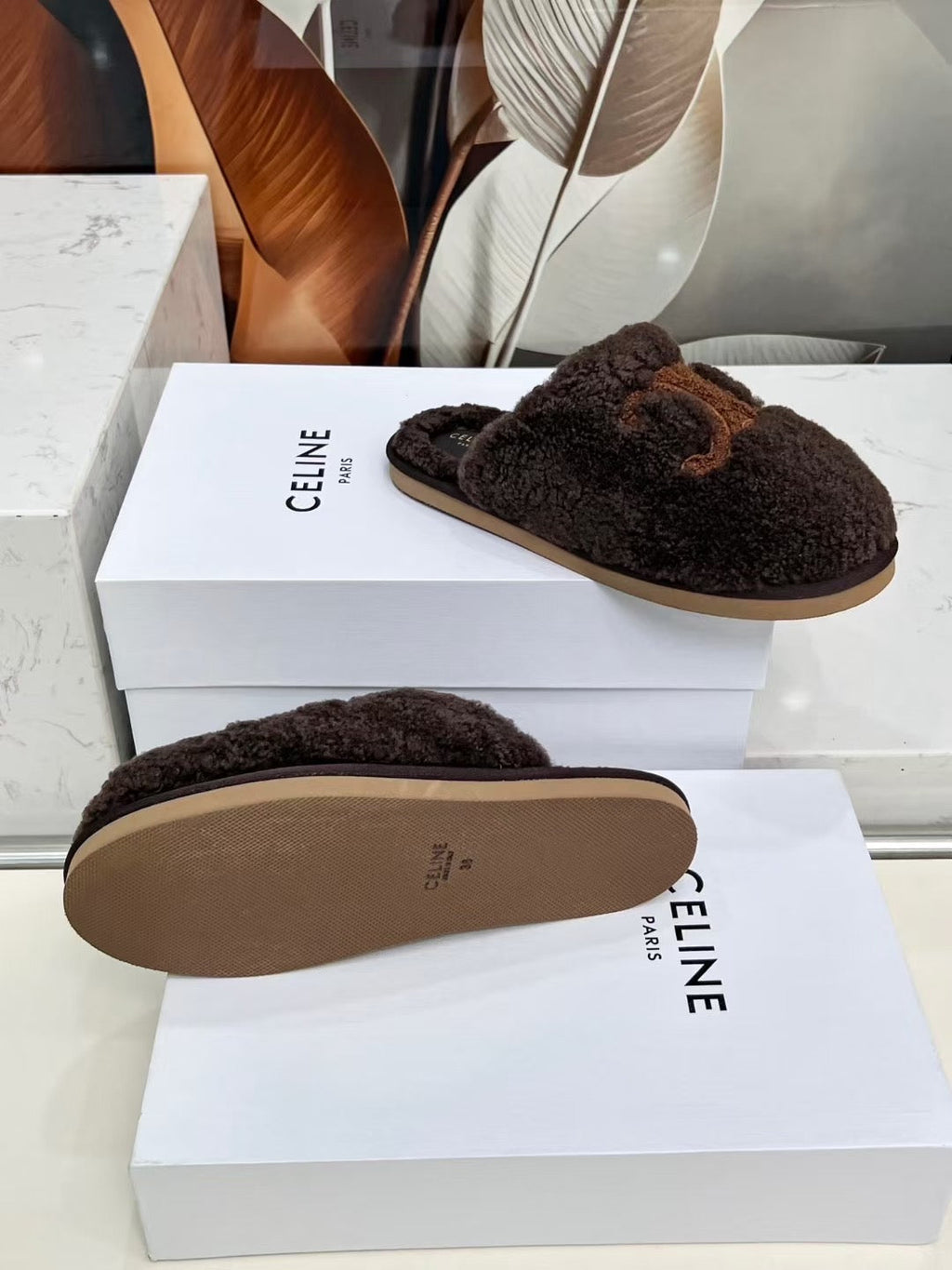 CELINE 25S GEORGIA SLIDE IN SHEARLING IN DARK BROWN