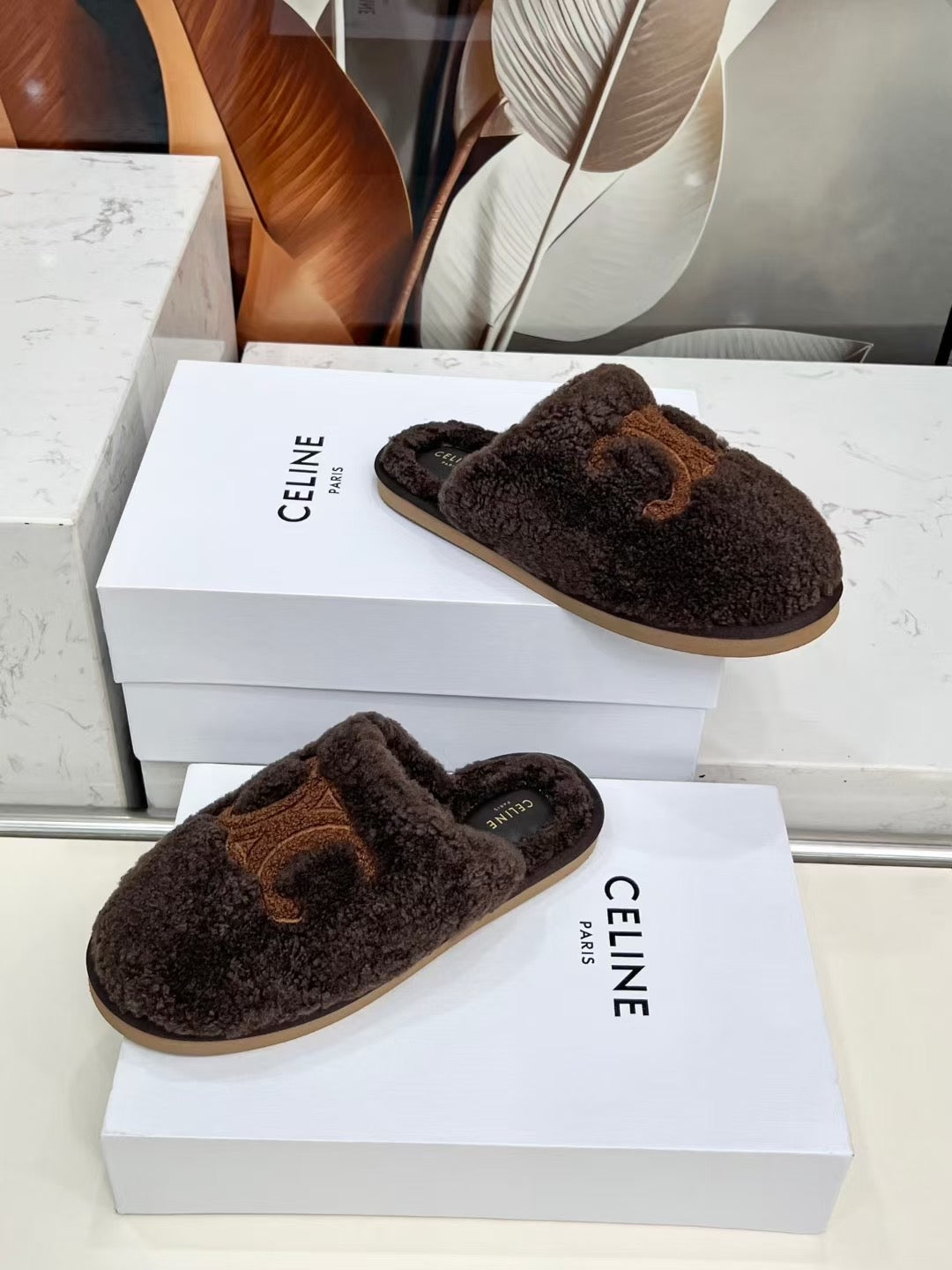 CELINE 25S GEORGIA SLIDE IN SHEARLING IN DARK BROWN