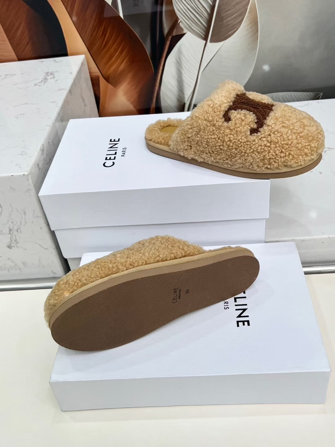 CELINE 25S GEORGIA SLIDE IN SHEARLING IN BROWN