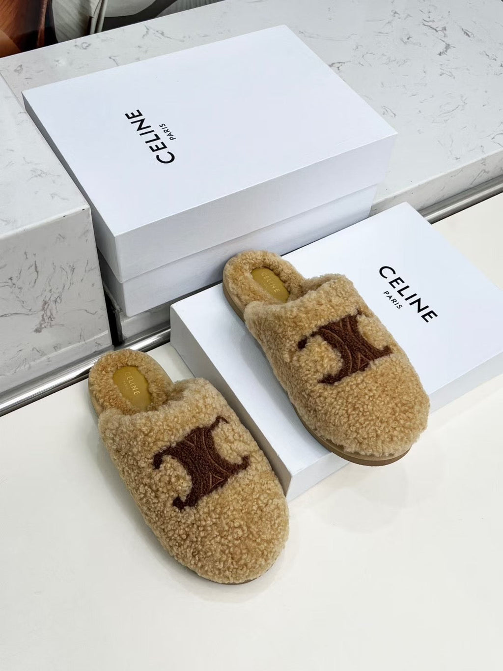 CELINE 25S GEORGIA SLIDE IN SHEARLING IN BROWN