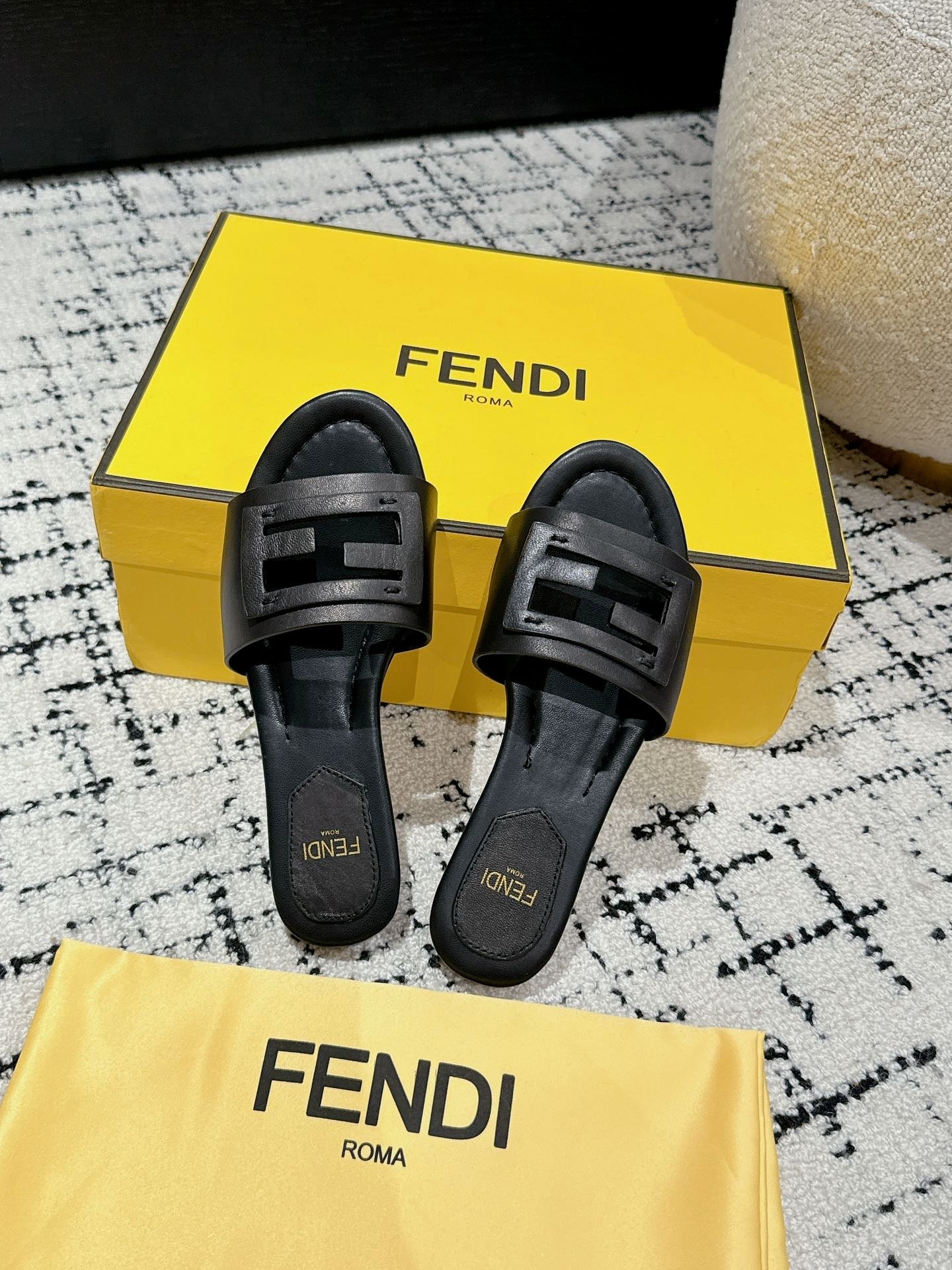 FF Baguette Black Leather Slide