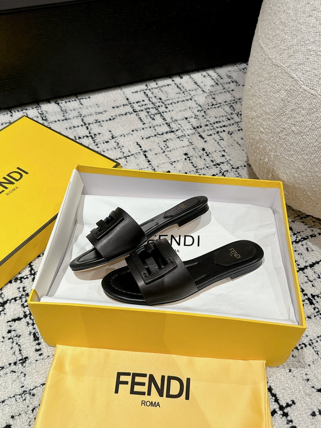 FF Baguette Black Leather Slide