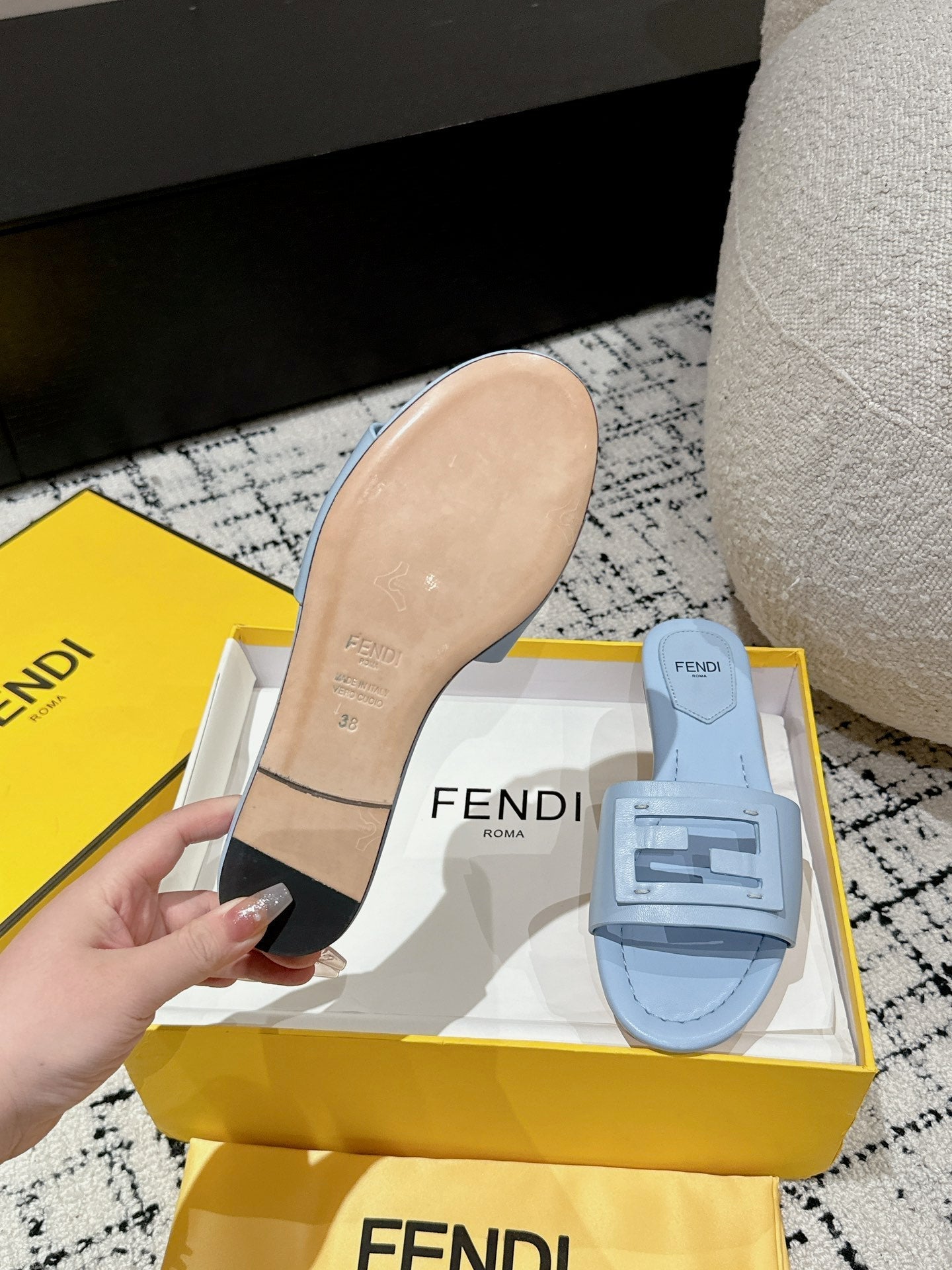 FF Baguette Baby Blue Leather Slide