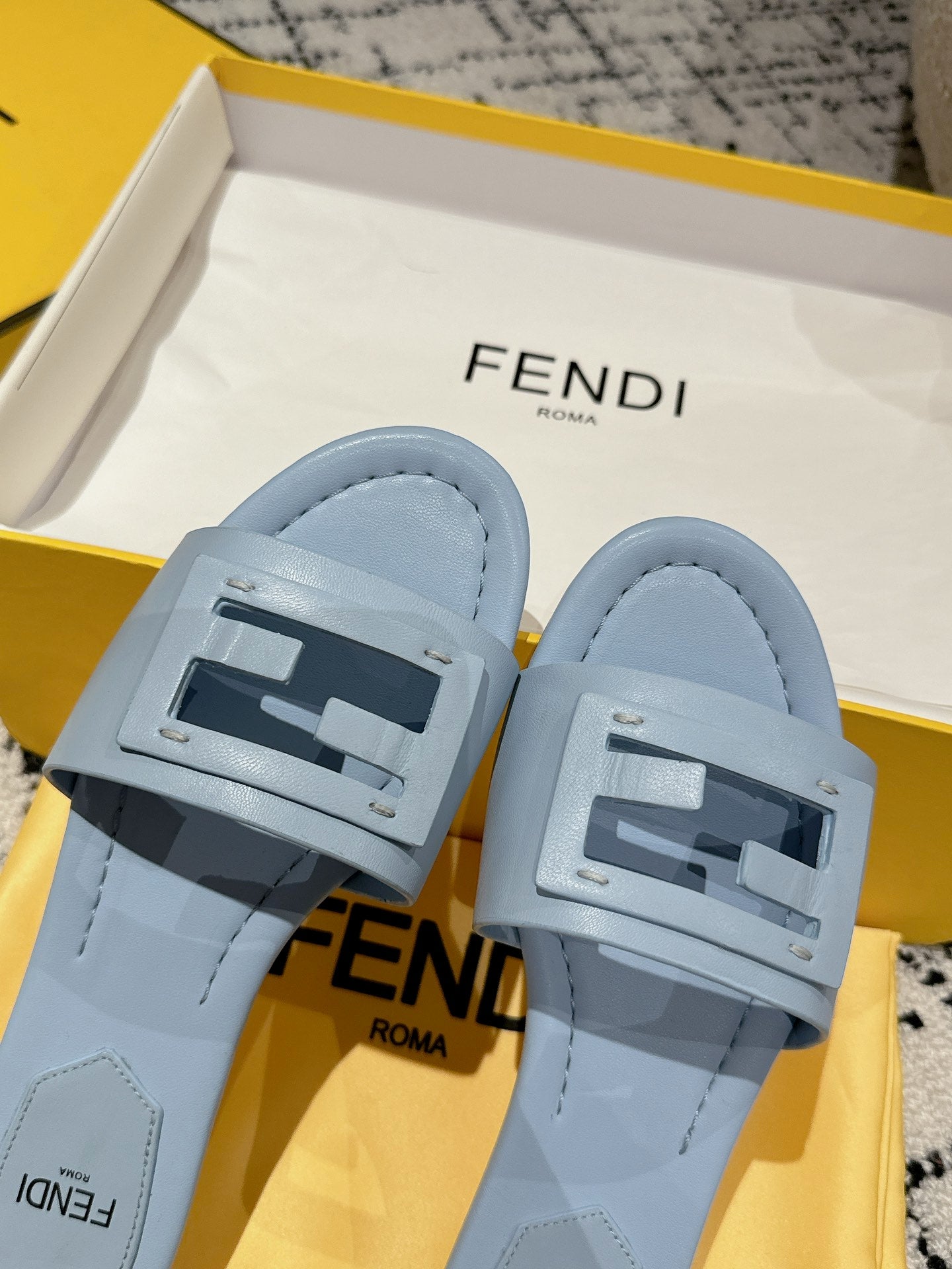 FF Baguette Baby Blue Leather Slide