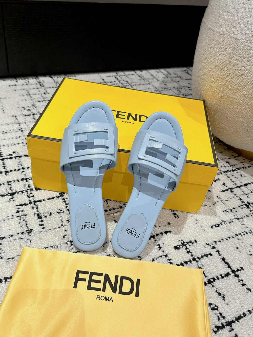 FF Baguette Baby Blue Leather Slide