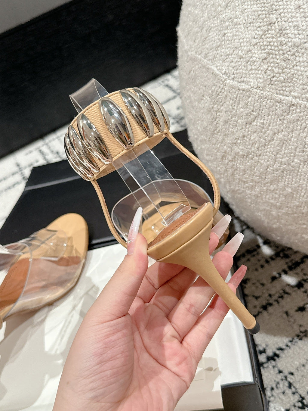 ALAIA HIGH SANDAL IN BEIGE CALFSKN AND FILM WITH CRYSTAL