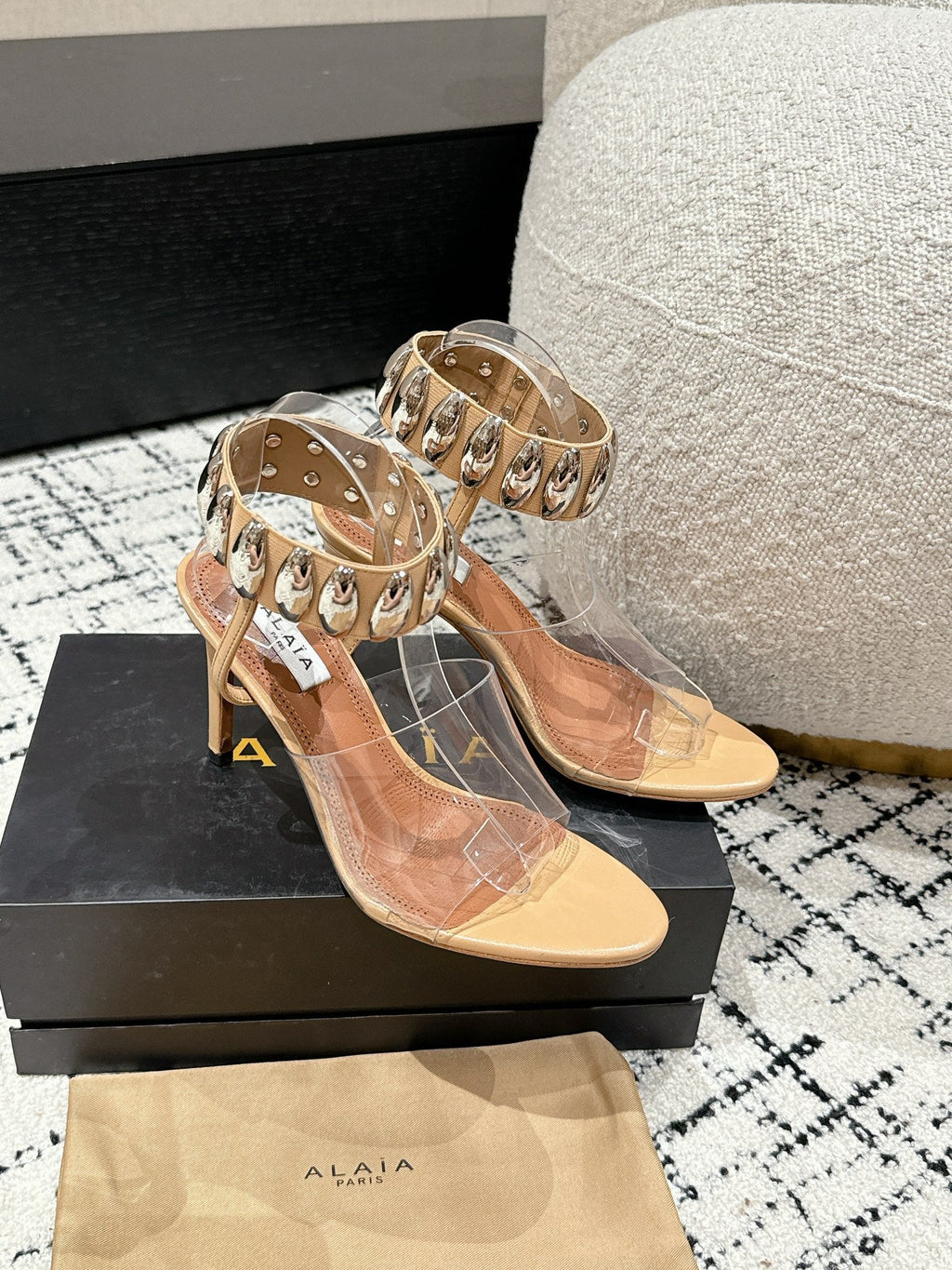 ALAIA HIGH SANDAL IN BEIGE CALFSKN AND FILM WITH CRYSTAL