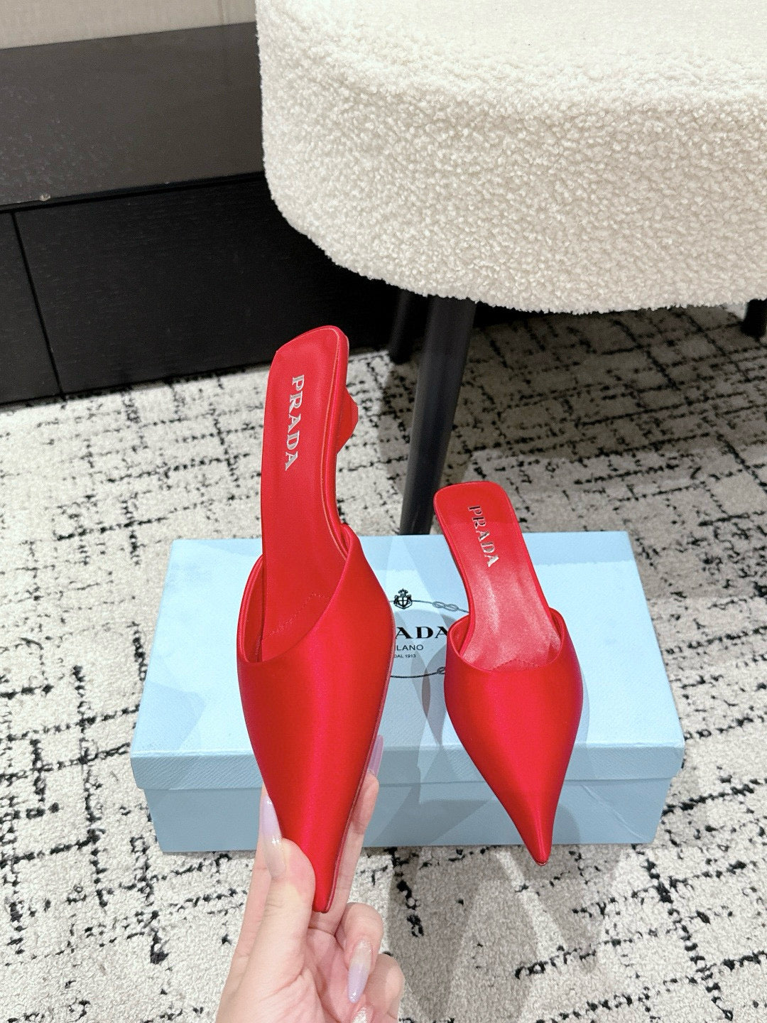 PRADA 25S POINTED-TOE MULES IN CRIMSON RED SATIN