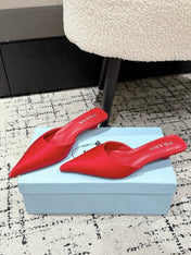 PRADA 25S POINTED-TOE MULES IN CRIMSON RED SATIN