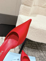 PRADA 25S POINTED-TOE MULES IN CRIMSON RED SATIN