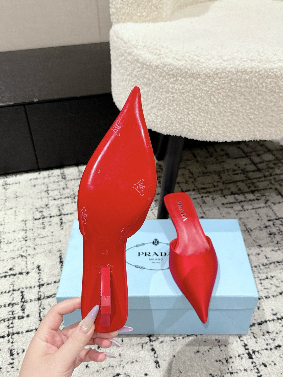 PRADA 25S POINTED-TOE MULES IN CRIMSON RED SATIN