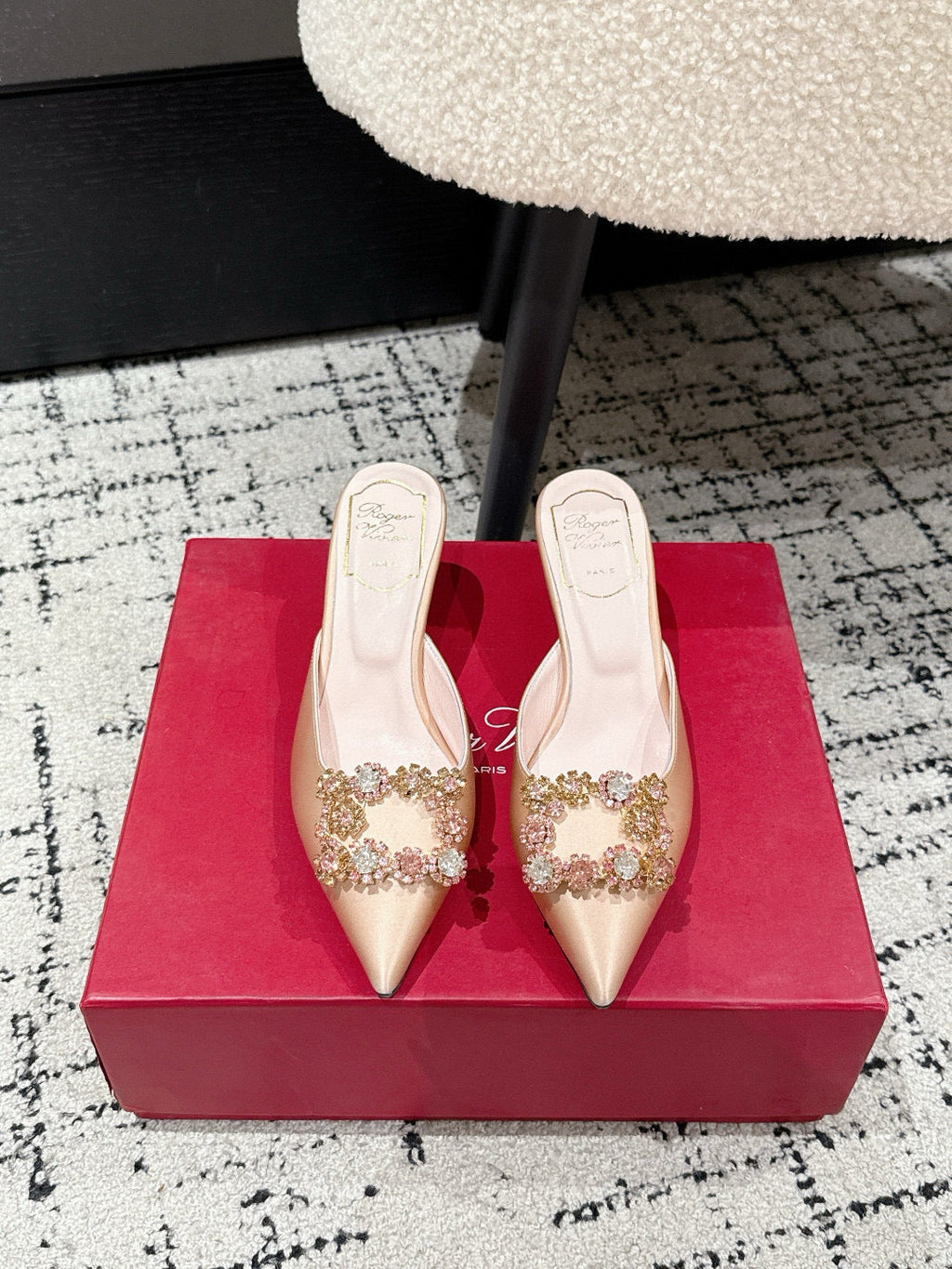 ROGER VIVIER 25S EFFLORESCENCE MULES 65MM IN GOLD SATIN EMBELLISHED CRYSTALS