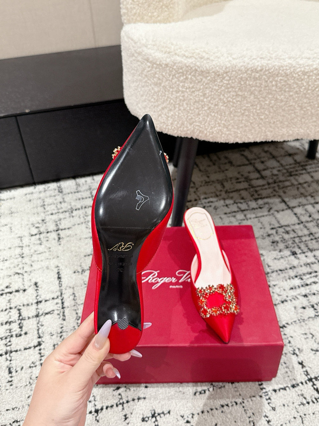 ROGER VIVIER 25S EFFLORESCENCE MULES 65MM IN BRIGHT RED SATIN EMBELLISHED CRYSTALS