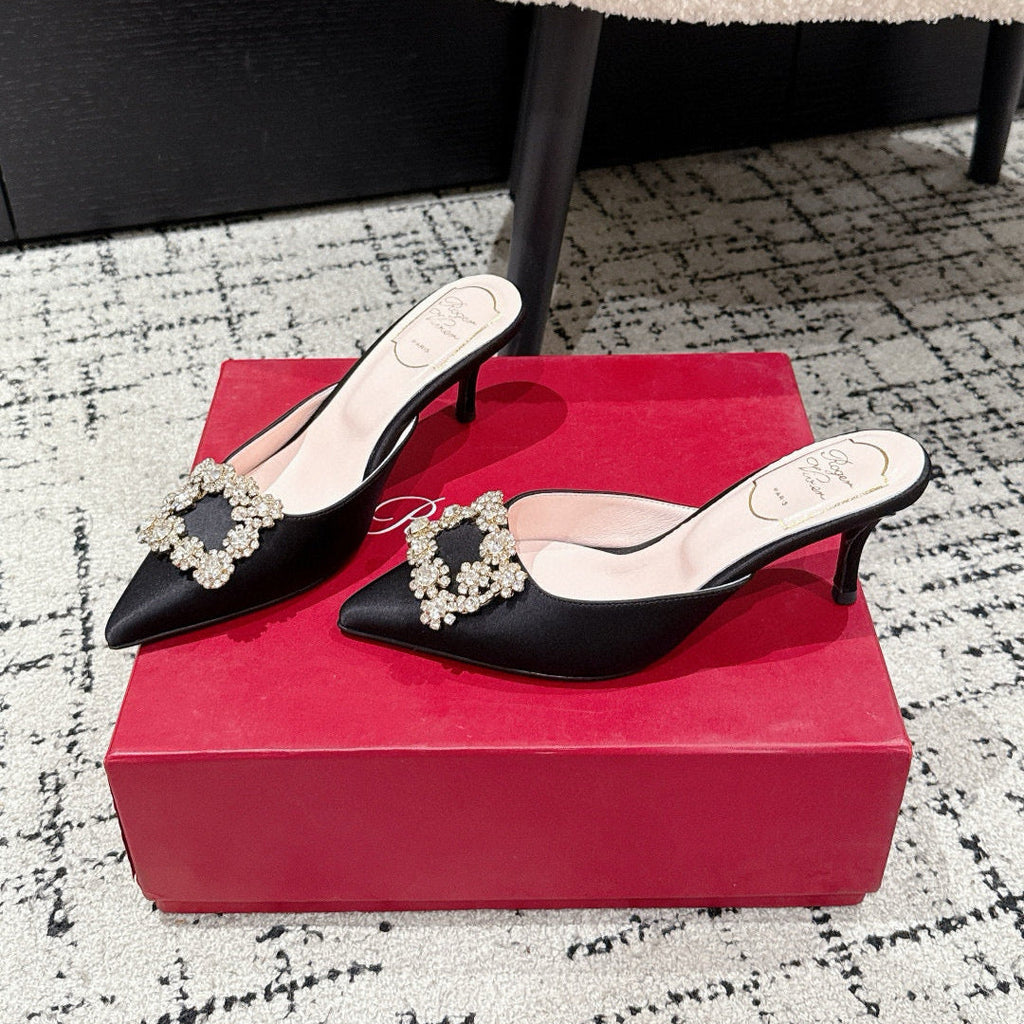 ROGER VIVIER 25S EFFLORESCENCE MULES 65MM IN BLACK SATIN EMBELLISHED CRYSTALS