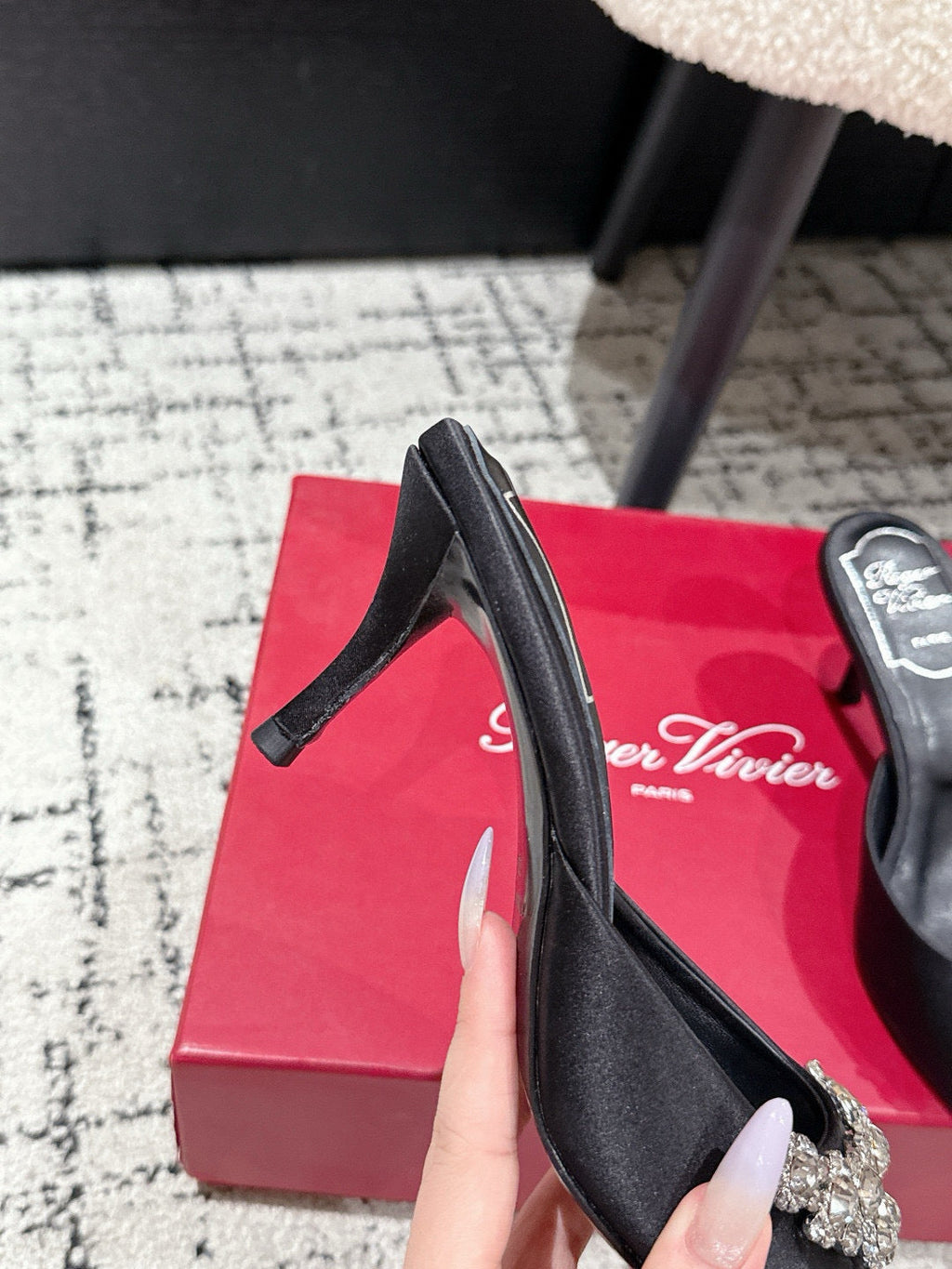 ROGER VIVIER 25S POINTED TOE HEELED MULES 65MM IN BLACK SATIN EMBELLISHED CRYSTALS