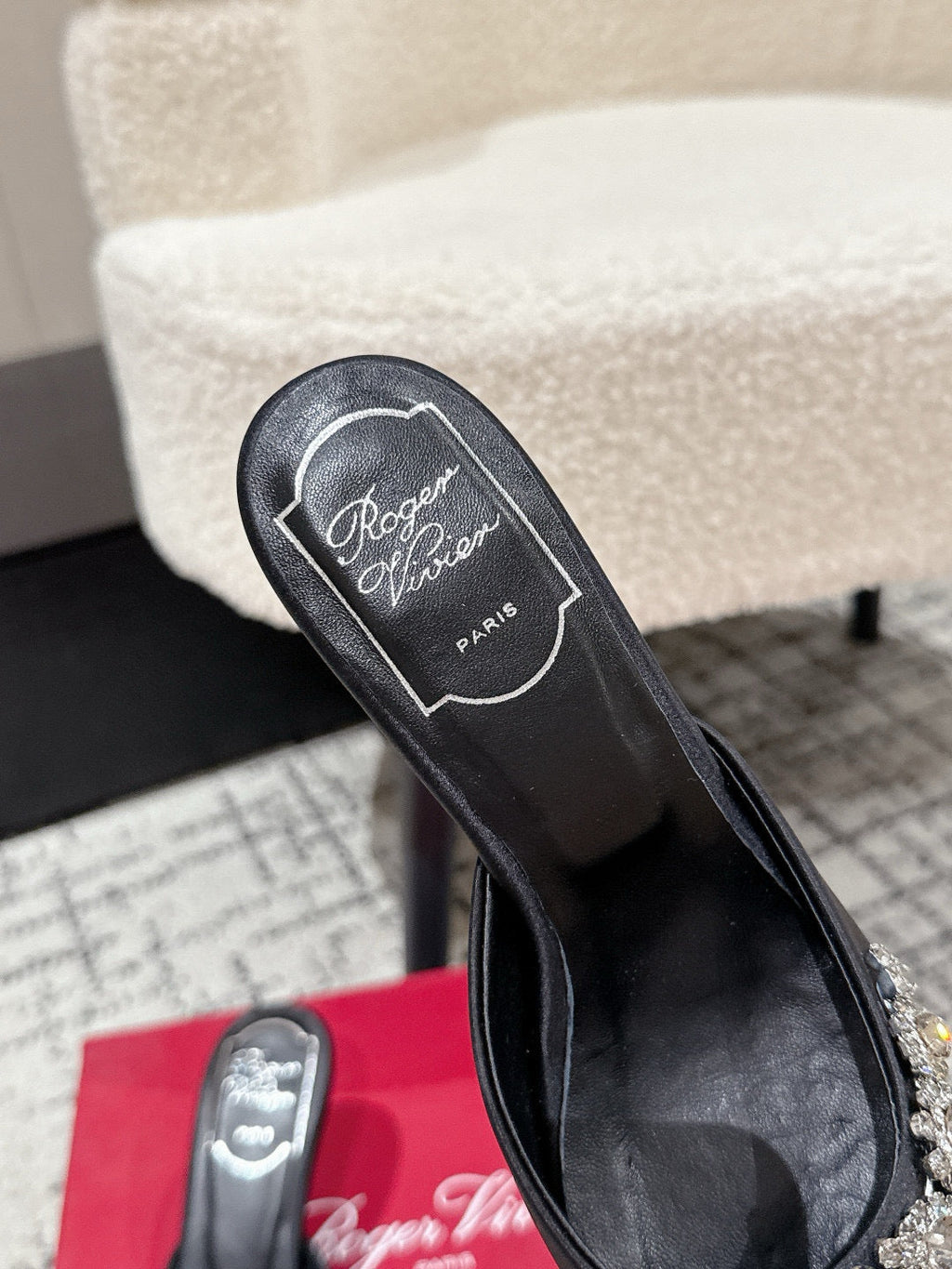 ROGER VIVIER 25S POINTED TOE HEELED MULES 65MM IN BLACK SATIN EMBELLISHED CRYSTALS