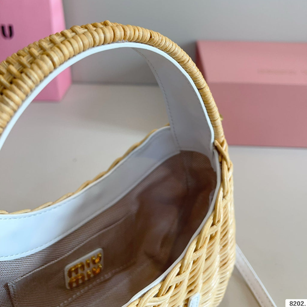 WANDER WICKER HOBO BAG 13 IN TAN BROWN HANDWOVEN WITH WHITE CALFSKIN LOGO