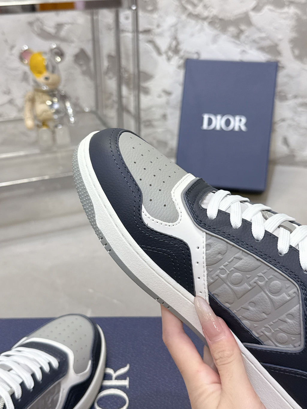 DIOR 25S B27 UPTOWN LOW-TOP SNEAKERS IN DARK BLUE MIX GREY CALFSKIN STYLE 2