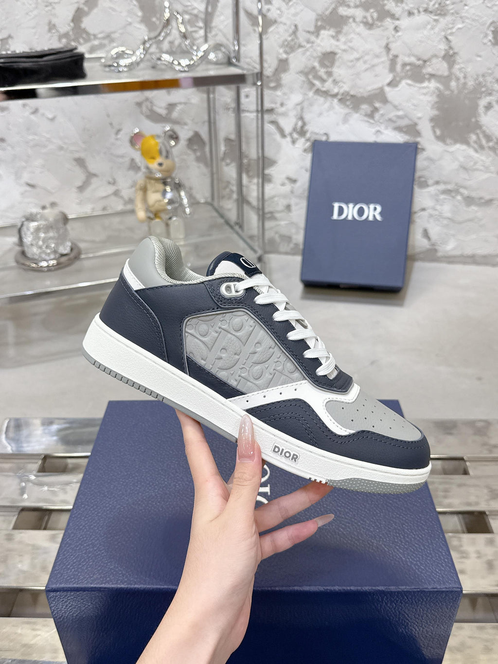 DIOR 25S B27 UPTOWN LOW-TOP SNEAKERS IN DARK BLUE MIX GREY CALFSKIN STYLE 2