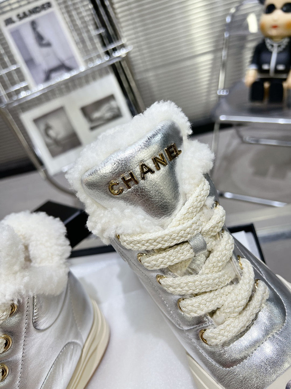 MARTIN BOOTS IN SILVER CALFSKIN AND LAMB FUR LINING